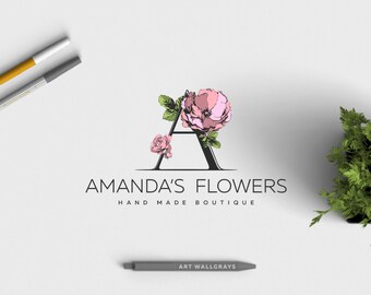 premade logo design · pink flower · floral logo · letter logo design · premade branding · small business logo