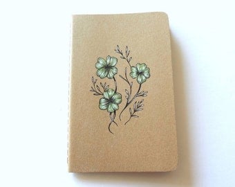 Original Illustrated Four Leaf Clover Lucky Artwork Moleskine Pocket Cahier Kraft Notebook Journal - Hand Drawn Botanical Leaves Design