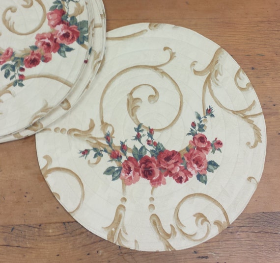 4 Round Quilted Placemats Waverly rose floral jacobean
