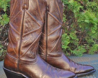 Mens VINTAGE ACME USA Brown Leather Western Boots Diamond stitched Cowboy Rodeo Work Dance Boots 9D