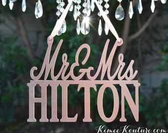 ROSE GOLD Mr and Mrs Sign. Personalized wedding sign. Hanging Mr & Mrs sign. Laser cut and PERSONALIZED with last name. Pick your color.