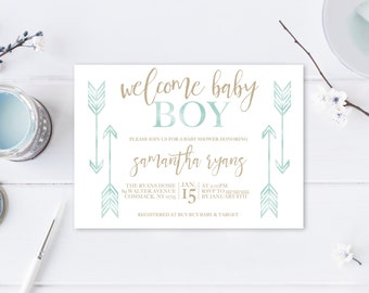 Baby Shower Invitation, Boho Baby Shower Invitations, Boy Baby Shower Invite, Boho Boy Baby Shower Invitation, Welcome Baby Boy, Boho, Arrow