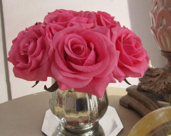 Real touch rose arrangement-real touch pink rose in silver glass vase with Faux Water .