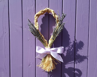 Lavender Corn Dolly, Plaited Raffia Decor, Lammas Decoration, Wheat Weaving, Dried English Stalks, Flower Wall Hanging, Summer Door Hanger