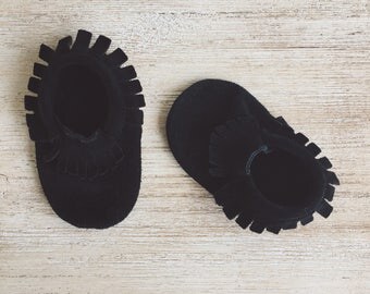 Black Leather Suede Moccasins, Baby Moccasins, Toddler Moccasins, Leather Moccassins
