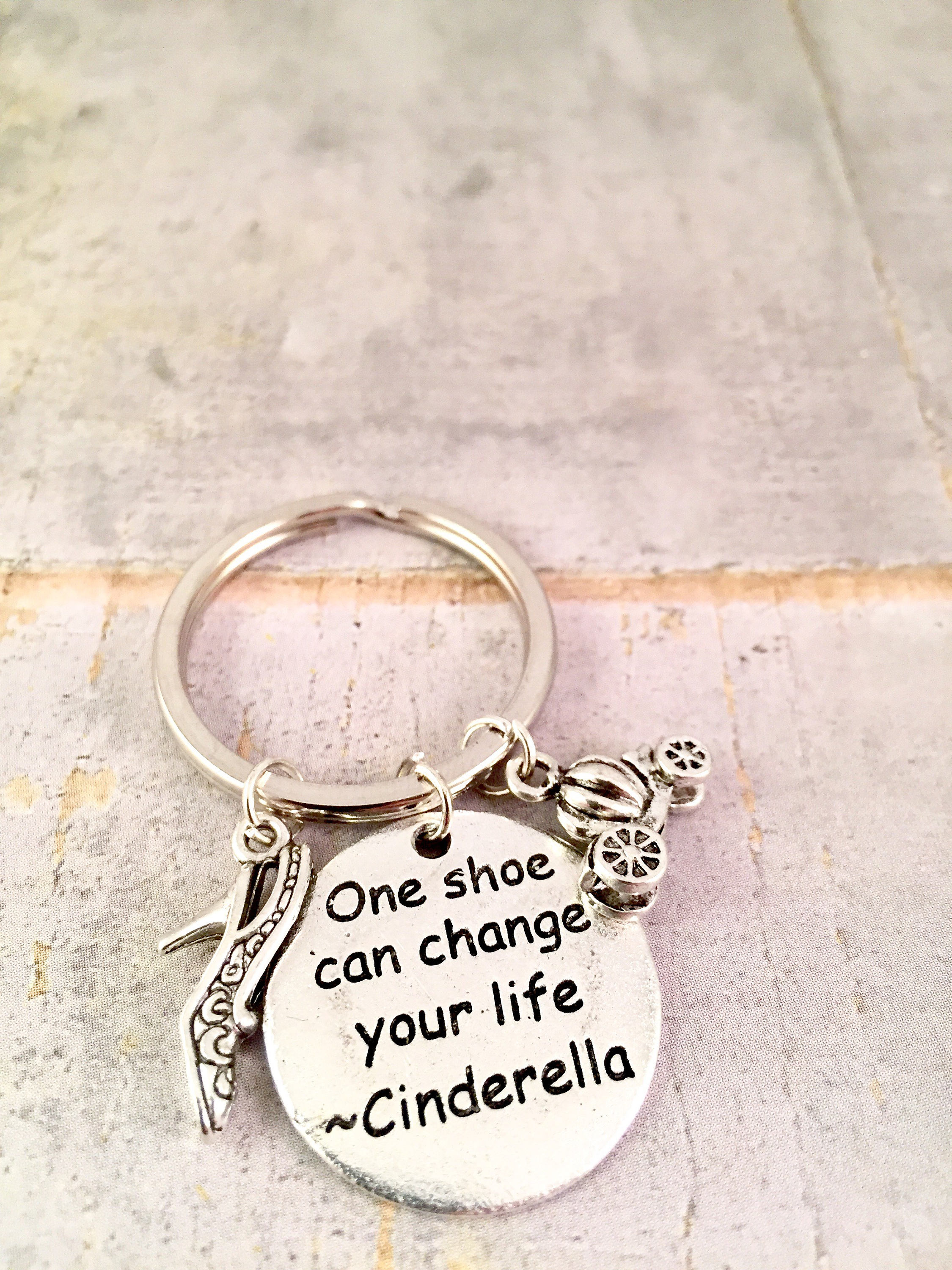 Details Cinderella s Shoe and carriage Disney Inspired Charm Keychain Fun Keychain with the quote " e Shoe Can Change your life