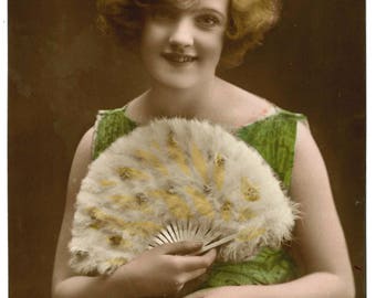 Vintage 1920s or early 30s postcard, birthday card, beaded dress, feathered fan, flapper style, real photograph, green, sepia, white, yellow