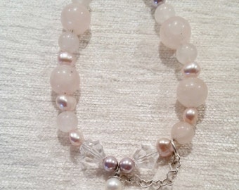 Rose Quartz and Pearls with Crystal Quartz Heart Pendant