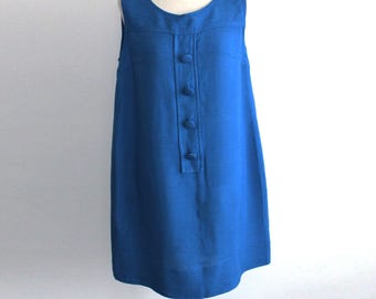 Vintage 1960s Blue Cotton Linen Dress / Mods Shift Mini Dress, Maxlim