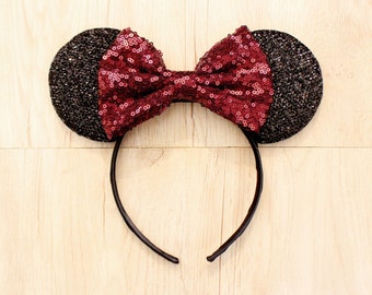 Maroon Disneyland Ears, Minnie Mouse Ears, Mickey Mouse Ears, Minnie Ears, Mickey Ears, Disney Ears, Red Sequin Bow, Disneyland Ears, Disney