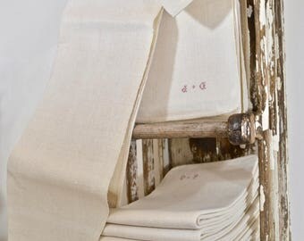 Antique French Large Dishcloths/Tea Towel - 19th Century; Hand Loomed Hemp Torchons; DP Monogram Hemp Cloths