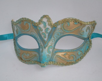 Masquerade Mask Blue-green & Gold Prom Dance Spring Carnival Mask Set