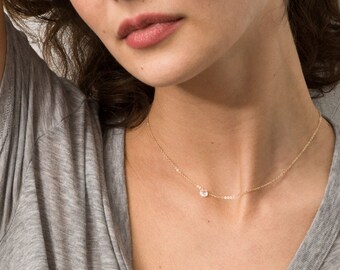 Ultra Dainty Necklace with Tiny Clear Drop, Simple Crystal Necklace / 14k Gold fill, Rose Gold, or Sterling Chain, Layered and Long LN618_L