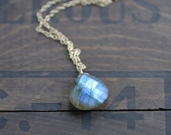 Labradorite Pendant Necklace in Sterling Silver or Yellow Gold Filled, Faceted Gemstone, Natural Blue Flash Labradorite Crystal Jewelry