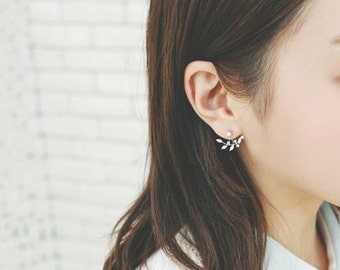 Leaf Ear jacket, 925 Sterling Silver Post, Wedding gift, CZ ear jacket, ear climber, Front back earring set, leaf earrings