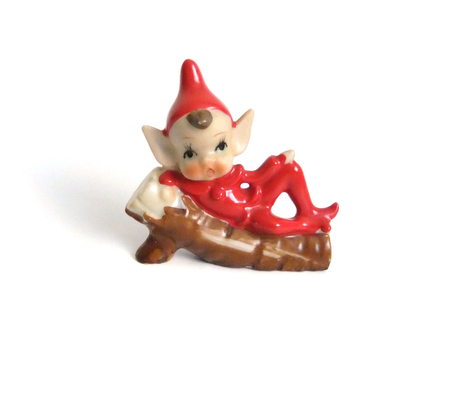 Red Elf Figurine Vintage Ceramic Elf Laying on Log Figure