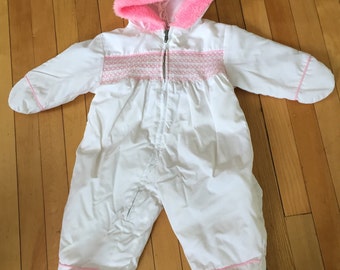 Vintage 1980s Baby Infant Girls White Pink Smocked Fur Snowsuit! Size 6 months