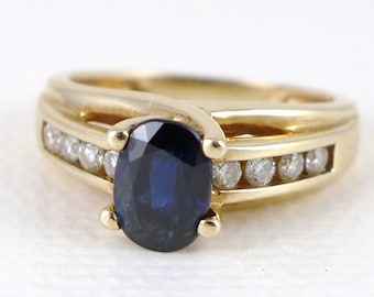 Gold Sapphire Ring, 14K Gold Sapphire Diamond Ring, Vintage Gold Sapphire And Channel Set Diamond Ring