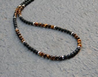 Matte Black Onyx, Tiger Eye, Sterling Silver Necklace, Mens Necklace, Womens, Mens Beaded Necklace, Minimalist Necklace, Mens 4mm Necklace