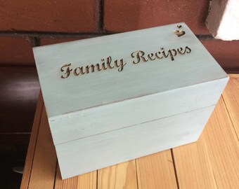 Wood recipe box - rustic distressed family recipes box in vintage blue