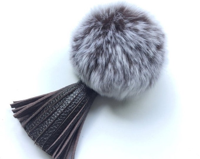 Brown Frost Rex Rabbit Fur Pompon bag charm pendant Fur Pom Pom keychain with real leather tassel