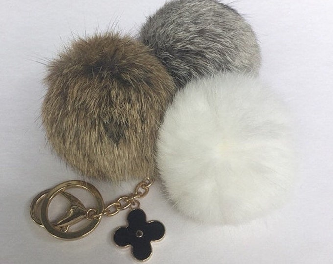 Trio rabbit fur pom pom corsage Bag Charm Totem NaturalBrown-Gray-White (no dye special pelts)