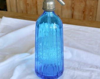 Blue french soda syphon/ Vintage seltzer bottle/ french seltzer bottle/ etched glass soda syphon