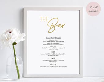 Gold Foil Bar Menu sign printable - Instant download - Digital File - Editable PDF - Wedding Bar Menu template - 8x10 inches - #GD0305