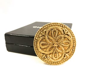 Chanel Logo Brooch, Gold Plated, Vintage 1980s, Center Logo, Raised Textured Design, Beaded Edging, Season 23, Chanel Jewelry