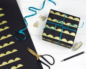 Geometric Gift Wrap Set, Metallic Gold Silver Wrapping Paper, Screenprinted Triangle and Scallop Pattern, Luxury Black Wrap & Gift Tags