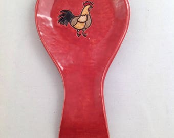 Spoon Rest - Handmade from clay with an etched Rooster Design