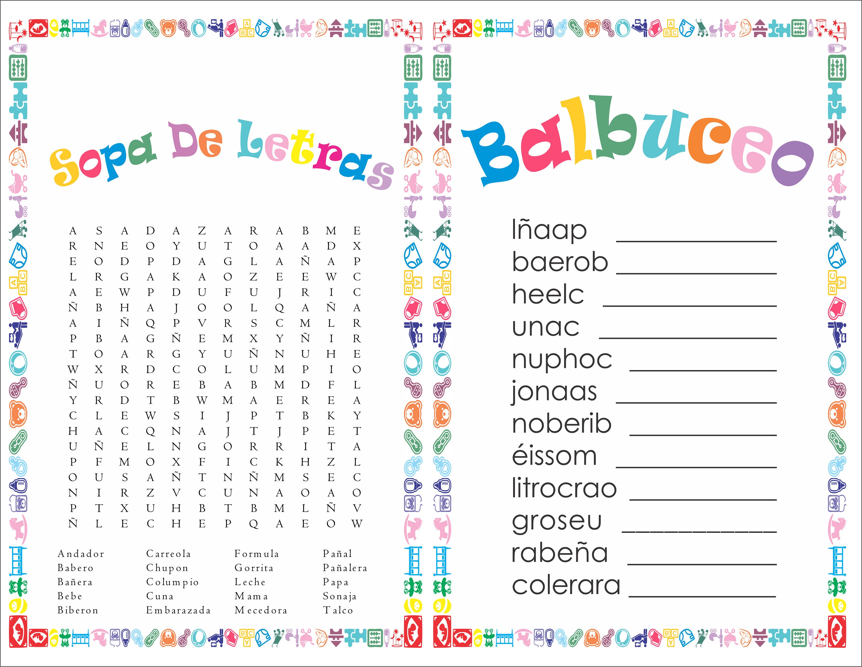 2 In 1 Games Sopa De Letras And Balbuceo Baby Shower Colors
