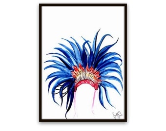 Chief headdress Print watercolor painting blue feather headpiece decor native anerican boho wall decal fine art poster print deco nursery
