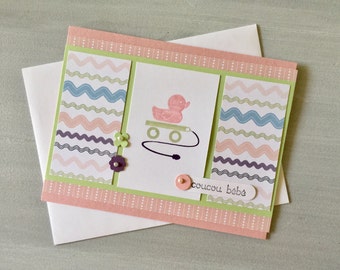 French (français) Baby Girl Card . For Expecting Parents . Rubber Duckie Pink Card . Un canard en rose pour nouvelle bébé fille