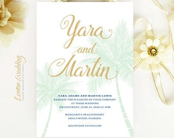 Beach wedding Invitations printed | Mint green and gold wedding invitations | Palm tree invitation | Destination wedding invitations cheap