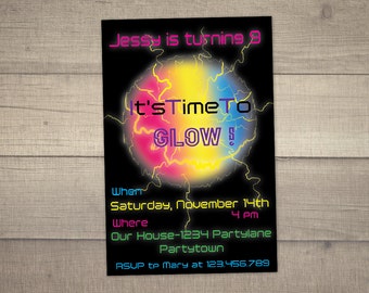 Glow In The Dark Invitation , Glow Party , Glow In the Dark Birthday Invitation , Neon Party Invitation -digital file. FREE Thank You card!