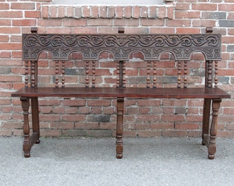 Carved Portuguese Pew Bench, Bench, Wood Bench, Wooden Bench, Rustic Bench, Bench With Back, Peruvian, carved bench, Indian bench