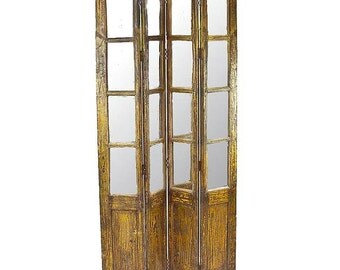 50% Off - Mid. 20th C. Painted Mirrored Screen, Painted Screen , Folding Screen, Folding Screen Room Divider, Room Screen, Yellow Screen