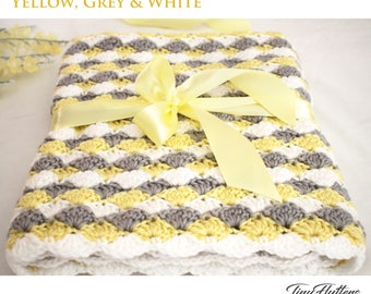 Crochet baby blanket - Crochet yellow grey and white baby blanket - Crocheted Baby blanket - Yellow - White - 34X26 inches