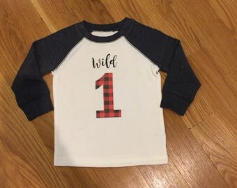 Baby Boys first bday outfit, wild one raglan shirt, lumberjack birthday, boys birthday, buffalo plaid, where the wild things,