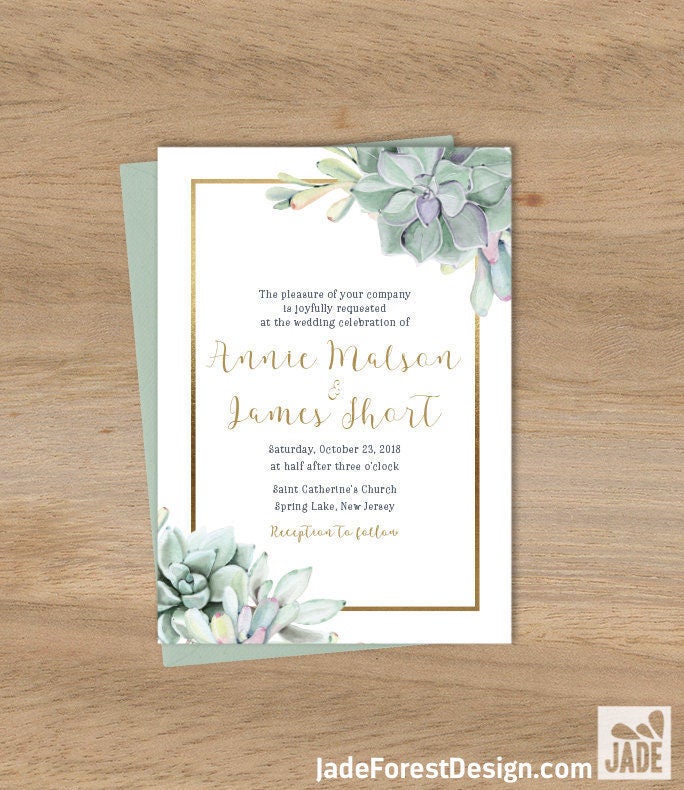 succulent wedding invitation greenery and gold geometric green cactus and gold calligraphy printed wedding invitations or printable - Printed Wedding Invitations succulent wedding invitation greenery and gold geometric green cactus and gold calligraphy printed wedding invitations or printable - Printed Wedding Invitations