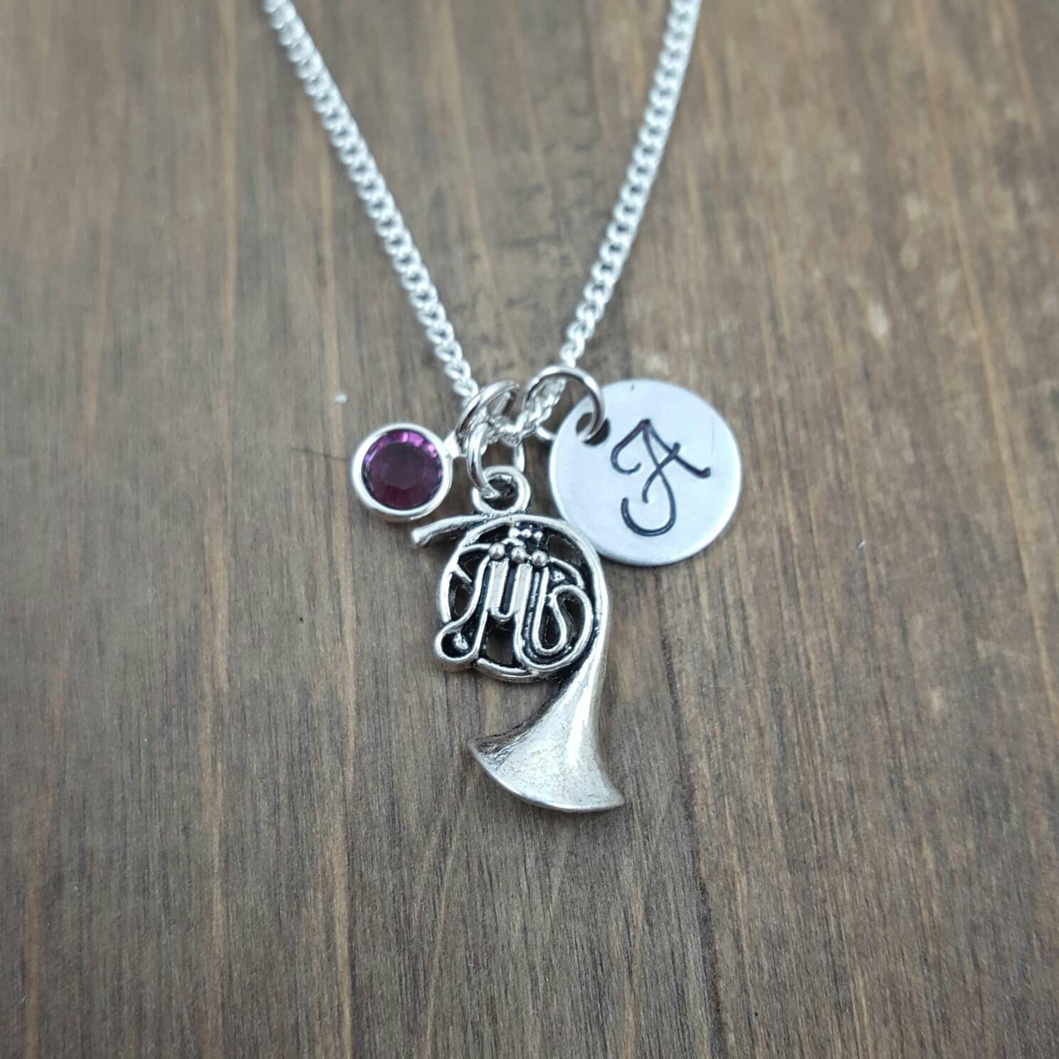 Personalized French Horn Necklace Hand stamped Monogram