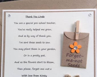 Personalised Thank You poem gift magnet with forget-me-not seeds. Pre-School Teacher with a choice of flower colour