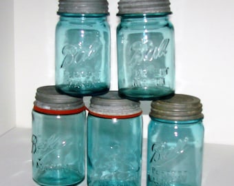 Blue Ball Mason & 3 Perfect Mason Jars with Lids Pint Size