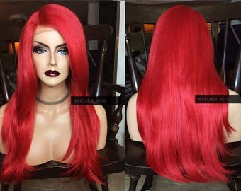 Red Wig HUMAN HAIR Blend // Lace Front Wig + Swiss Lace & PART // Long Straight Wig // Ariel Cosplay