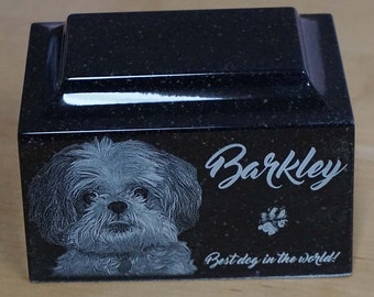 Small Pet Urn: 25 lbs. ~ Black Granite Pet Cremation Urn ~ Laser Engraved Pet Urn ~ Custom Photo Urn