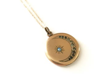Vintage Antique Victorian Crescent Moon and Star Paste Locket
