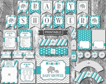 Teal Green Grey Elephant Baby Shower Decorations Package Digital Printable Games Food Labels Bunting Flags PDFs Instant Download-Baby Shower