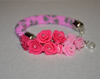 Boho valentine gift for her girlfriend bridesmaid valentine's bracelet pink polymer clay beaded roses jewelry red gray unique handmade charm