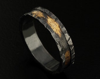 Men's Black Wedding Band, Rustic wedding ring, Unique Men's Wedding Band, Silver and Gold Ring, Promise ring, Engagement Ring, RS-1077